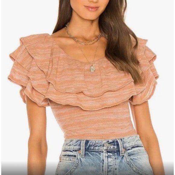 Free people ruffle off shoulder top blouse nude pink NWT stripe - Picture 3 of 6